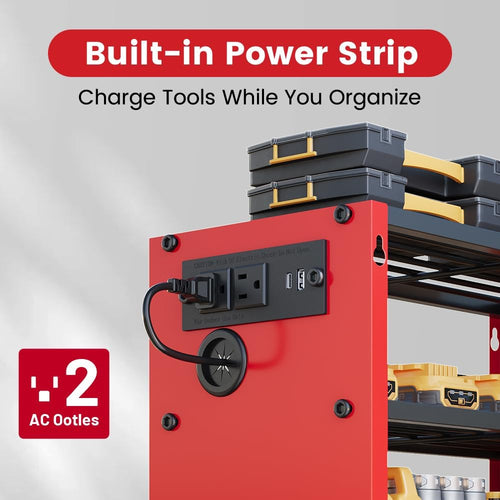 4 Layers Power Tool Organizer Wall Mount with Power Strip, Heavy Duty Metal Tool Shelf, 400lbs Capacity for Cordless Drills, Batteries & Garage Storage (4 Slots with 2 Outlets Power Strip)