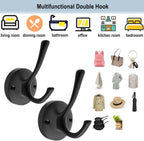 Black Towel Hooks, 2 Pack Coat Robe Hook Heavy Duty Metal Double Bathrobe Hook Wall Mounted, Hand Towels Hooks for Cubicle Bathroom Kitchen Closet Garage
