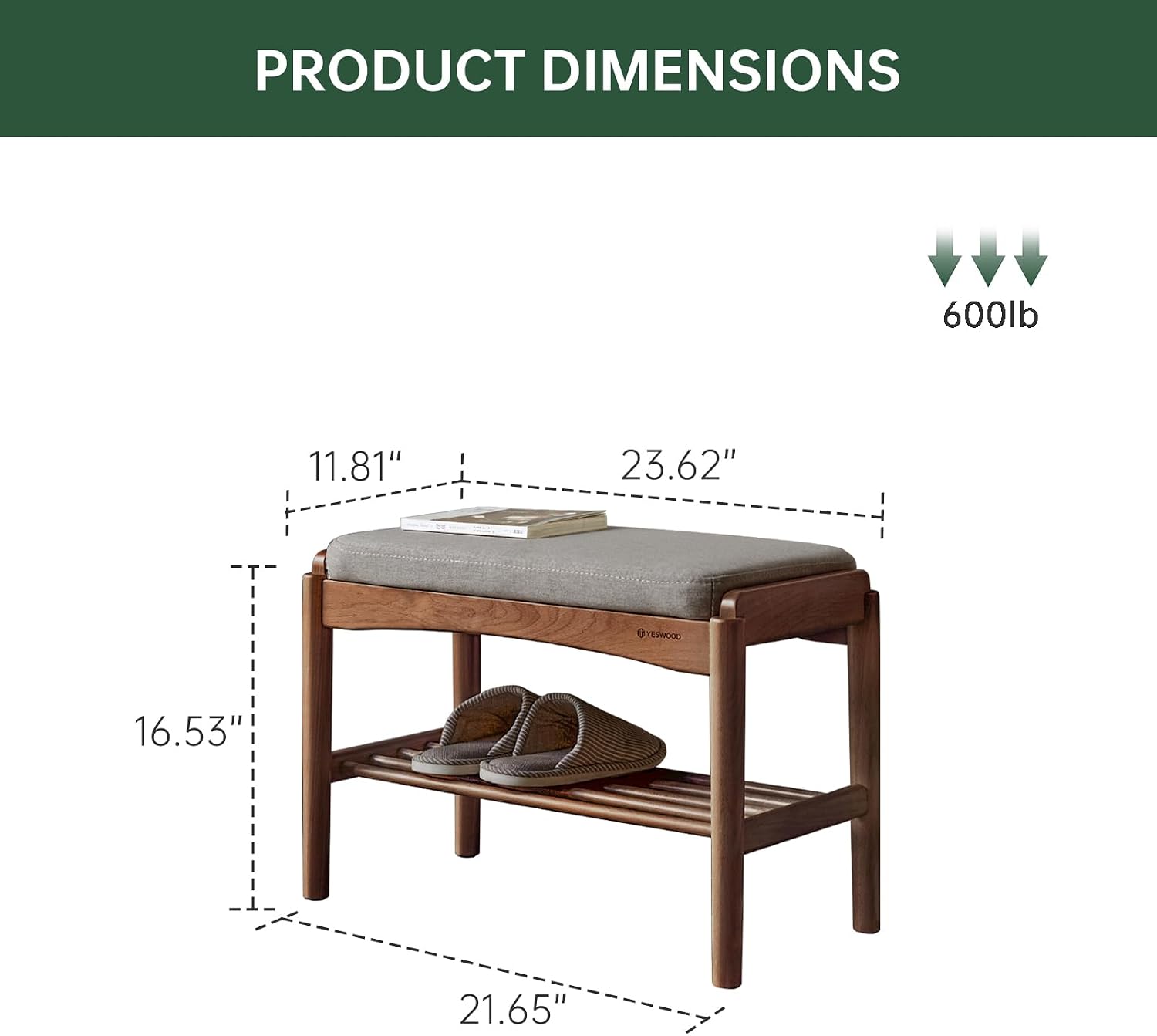 Solid Wood Shoe Bench, Shoe Rack Bench Assembled with Gray Cushion for Entryway, Hallway, Bedroom, Living Room, 11.8" x 23.6" x 16.5", Beech Wood, Walnut