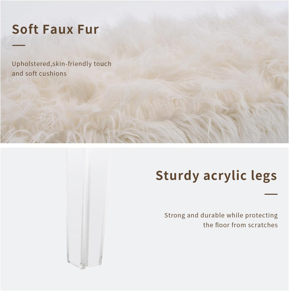 Modern White Faux Fur Ottoman Bench - Upholstered Furry Bench with Acrylic Le...