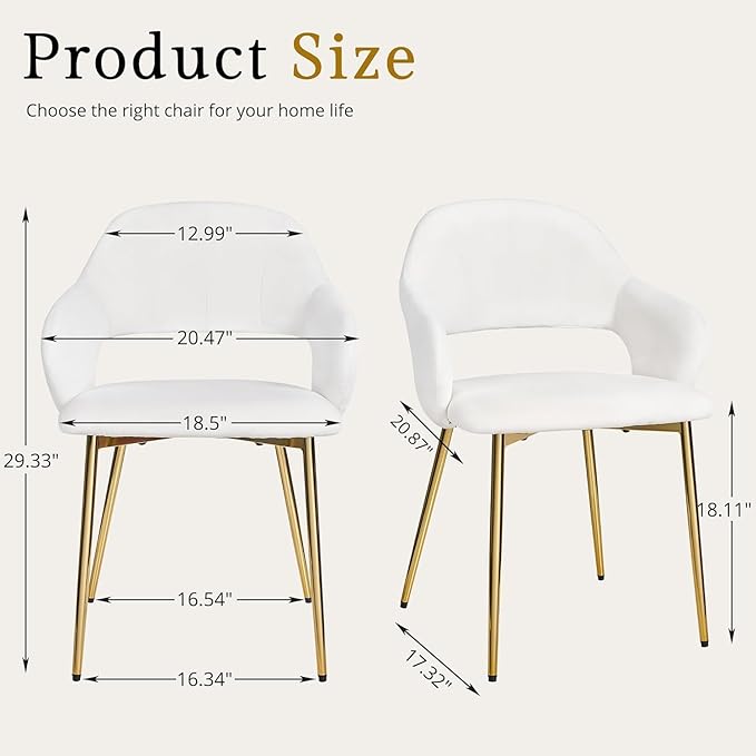 VECELO Velvet Dining Chairs Set of 2, Modern Upholstered Kitchen Chairs with Cushion, Padded Backrest and Metal Legs, White