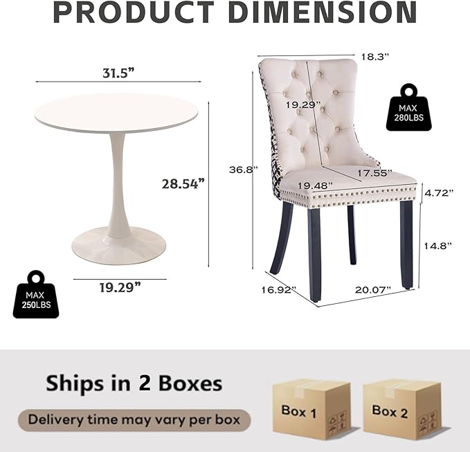 3-Pieces 31.5" Round Dining Table Set for 2, White Dining Table & Velvet Upholstered Dining Chairs Set of 2 for Kitchen Dining Room Apartment Small Space(Quadrangular Star&Beige Chairs)
