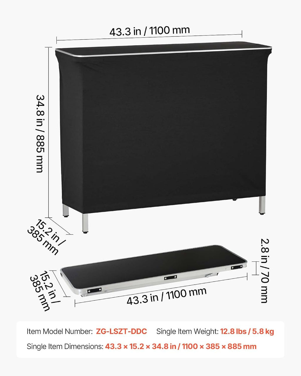 VEVOR Folding Portable Bar Table, 43.3 x 15.4 x 34.6 in, with Carry Bag, Storage Shelf, and Detachable Skirt, Quick and Easy Setup, Foldable Mobile Bartending Station for Events, Party, Tradeshow