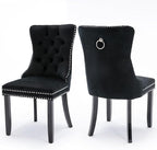 Velvet Upholstered Dining Chairs Set of 2, Modern Style Kitchen Side Chairs with Nailhead Trim and Wood Legs,Metal Pulling Ring for Dining Room Living Room(Black,Set of 2)