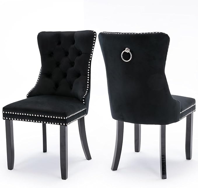 Velvet Upholstered Dining Chairs Set of 2, Modern Style Kitchen Side Chairs with Nailhead Trim and Wood Legs,Metal Pulling Ring for Dining Room Living Room(Black,Set of 2)