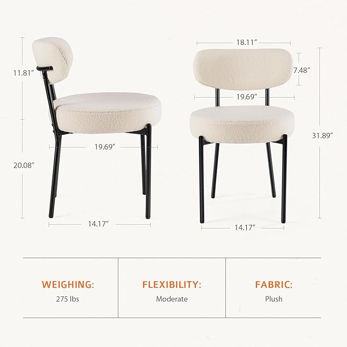 Sweetcrispy Dining Chairs Set of 2, Boucle Upholstered Modern Mid Century Round Kitchen Chairs with Curved Backrest & Metal Legs for Vanity, Living Room - Beige