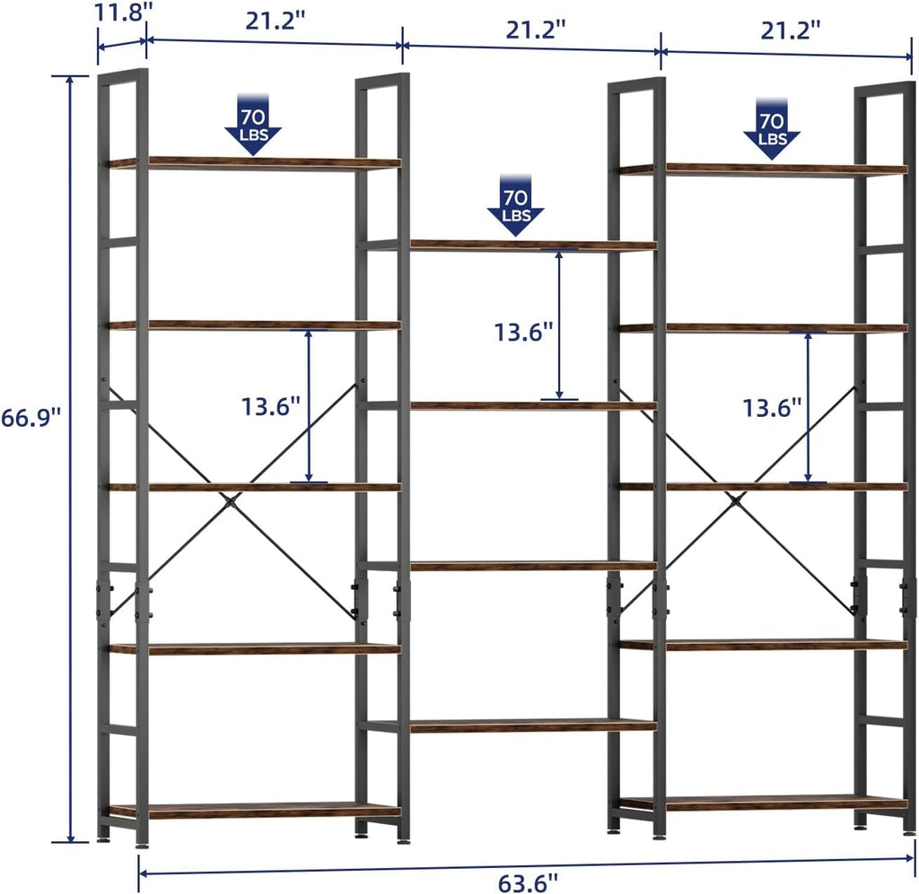 NUMENN Triple 5 Tier Bookshelf, Wide Book Shelf with 14 Open Display Shelves, Modern Tall Bookcase Furniture for Living Room Home Office, Vintage