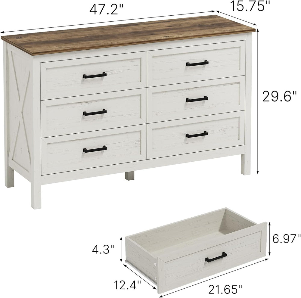 LYNSOM Farmhouse 6 Drawers Dresser for Bedroom, Wood Rustic Wide Chest of Dra...