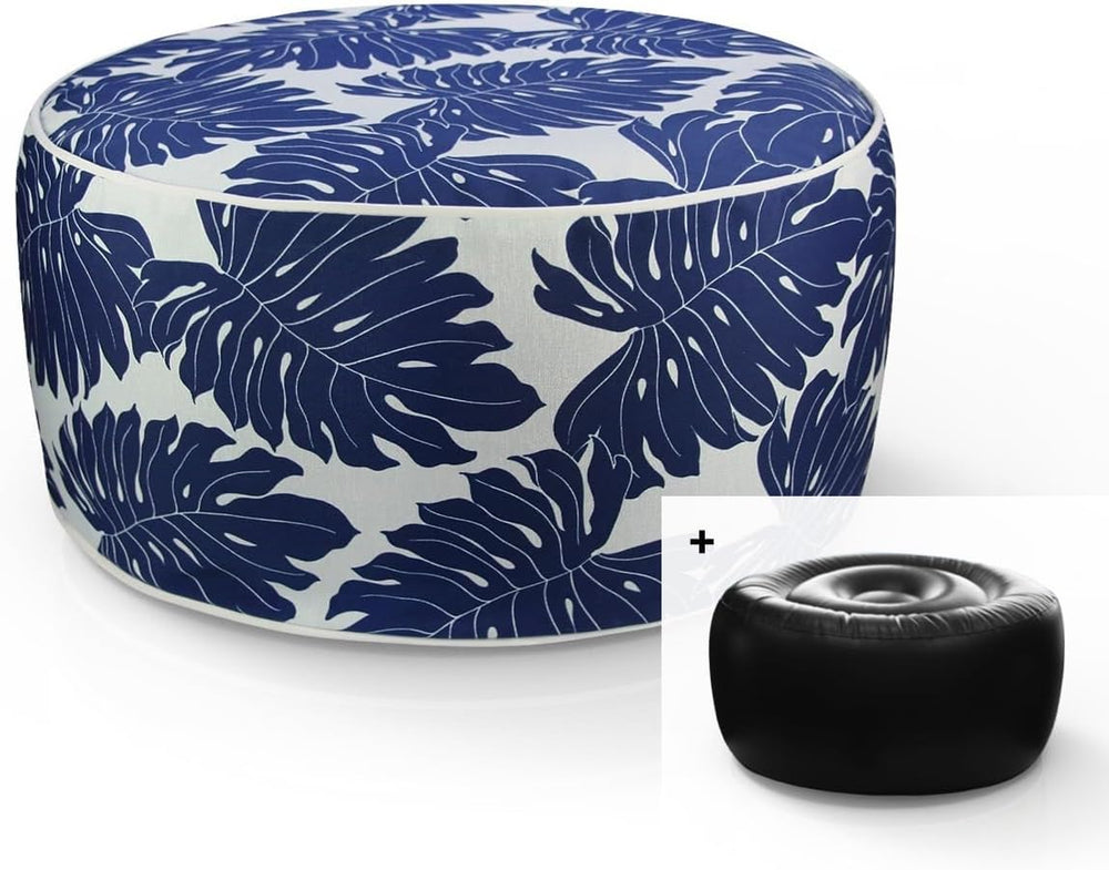 Inflatable Footstool Ottoman Navy Leaves Round 21x9 Inch Patio Foot Stools an...
