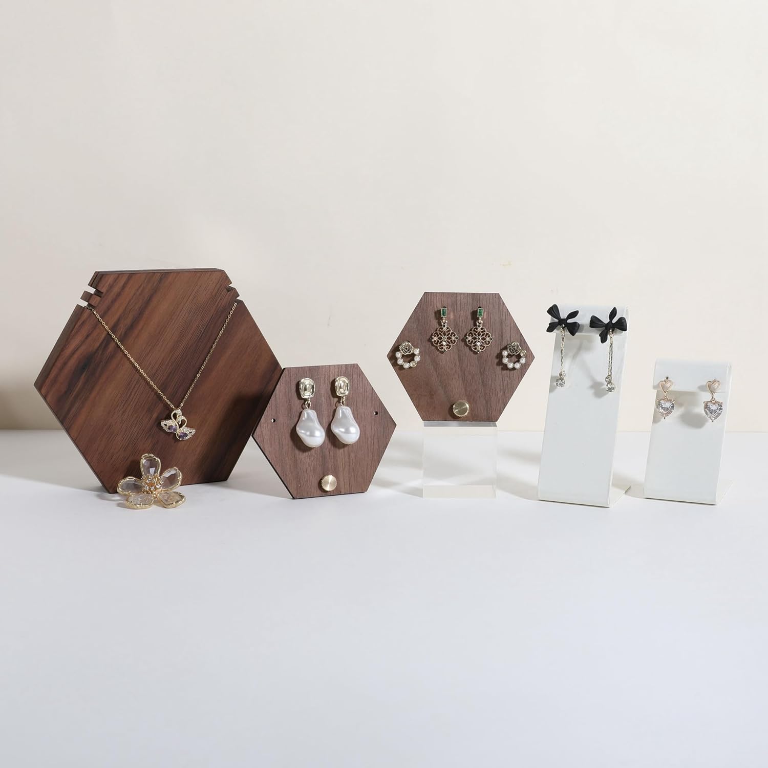 GemeShou 3pcs wooden jewelry earring organizer holder, walnut earring studs stand for boutique store, cute earring display for selling with 6 holes on each【Earring stand-Hexagon-3pcs】