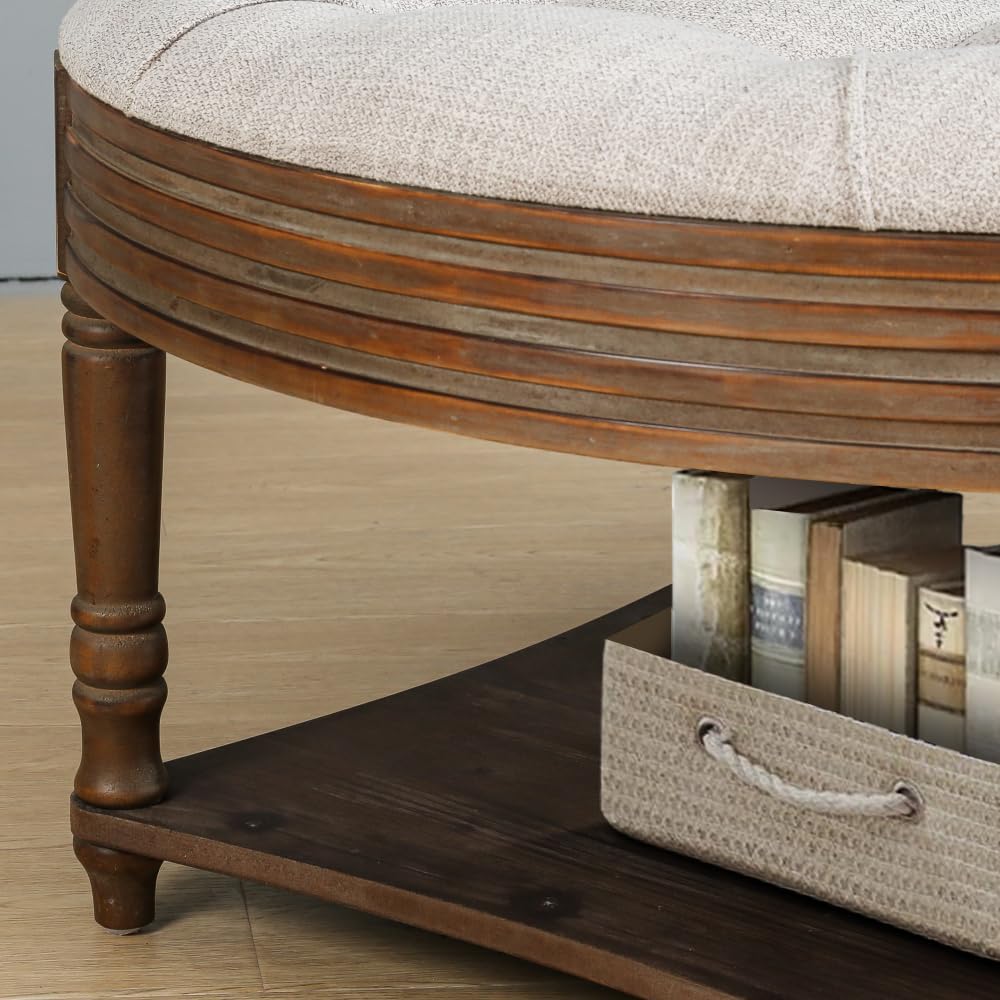 Large Round WaterProof Ottoman Coffee Table 2 Tier Oversized Button Tufted Ottoman with Wooden Shelf Storage Farmhouse Upholstered Coffee Table Living Room Footstool Ottoman Linen(Light Gray)