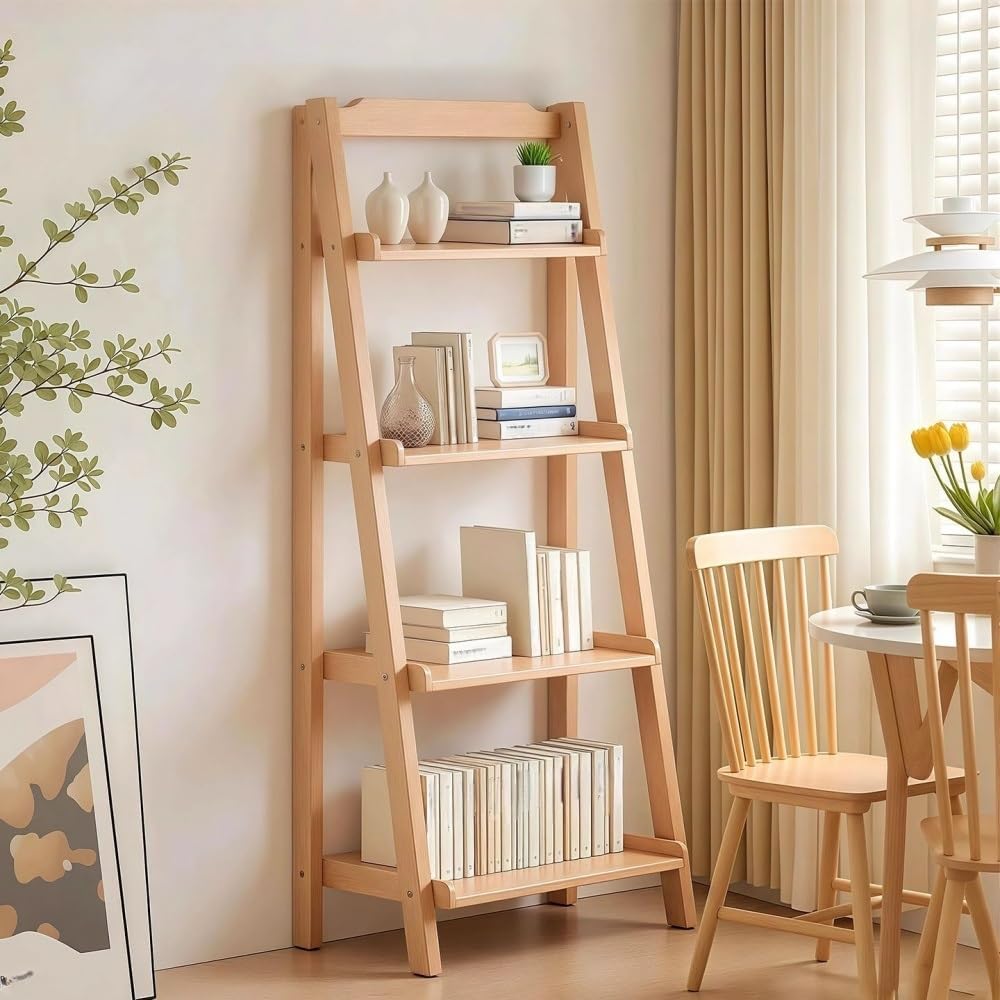 4-Tier Solid Wood Ladder Shelf, Space-Saving Leaning Bookshelf | Modern Multifunctional Storage Shelves for Living Room, Bedroom and Home Office Organization(Natural,44cm/17.3in)