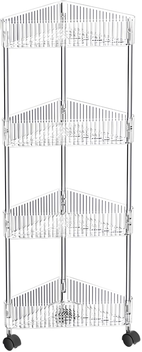 4 Tier Triangle Acrylic Rolling Storage Cart, Barhroom Corner Shelf, Slim Rolling Storage Cart for Bathroom,Living Room, Kithcen, Office Storage and Organization (Clear)