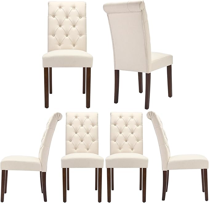 Tufted Dining Chairs Set of 6, Upholstered Parsons Dining Room Chairs, Fabric Kitchen Side Chair with Wood Legs, Beige