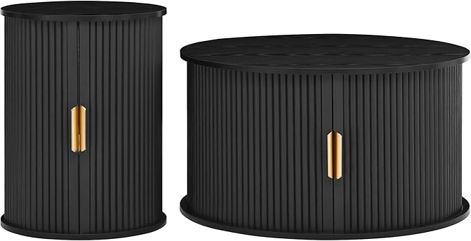 Wooden TV Stand & Coffee Table Set with Fluted Sliding Doors for TVs up to 75", Golden Handles Media Console with Cable Hole, Farmhouse Round Center Table for Living Room, Black