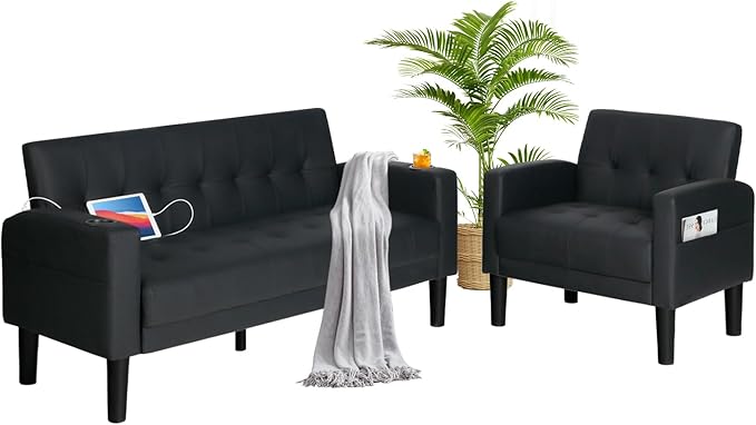 AILEEKISS 2 Piece Living Room Sofa Set Loveseat Sofas Sets with 2 USB, Cup Holders, Side Pocket, Modern Leather 2 Pcs Sectional Couch Chairs Set for Apartment, Office, Bedroom (Black, 2-Seat+1-Seat)