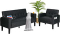 AILEEKISS 2 Piece Living Room Sofa Set Loveseat Sofas Sets with 2 USB, Cup Holders, Side Pocket, Modern Leather 2 Pcs Sectional Couch Chairs Set for Apartment, Office, Bedroom (Black, 2-Seat+1-Seat)