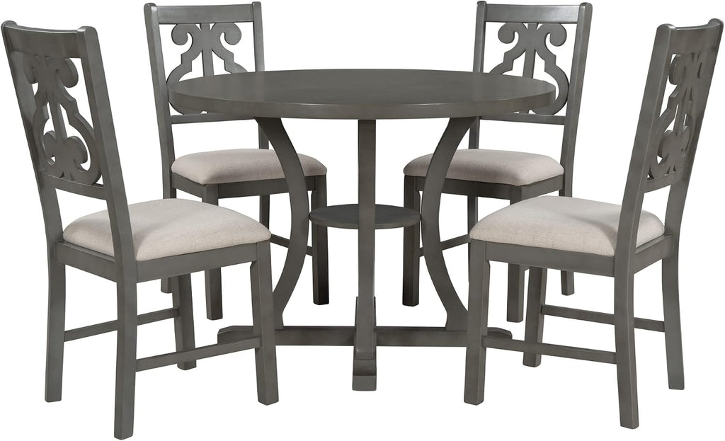Merax 5 Piece Round Dining Table Set 4 Retro Chairs with Special-Shaped Table Legs, Exquisitely Designed Hollow Chair Back for Dining Room, Grey