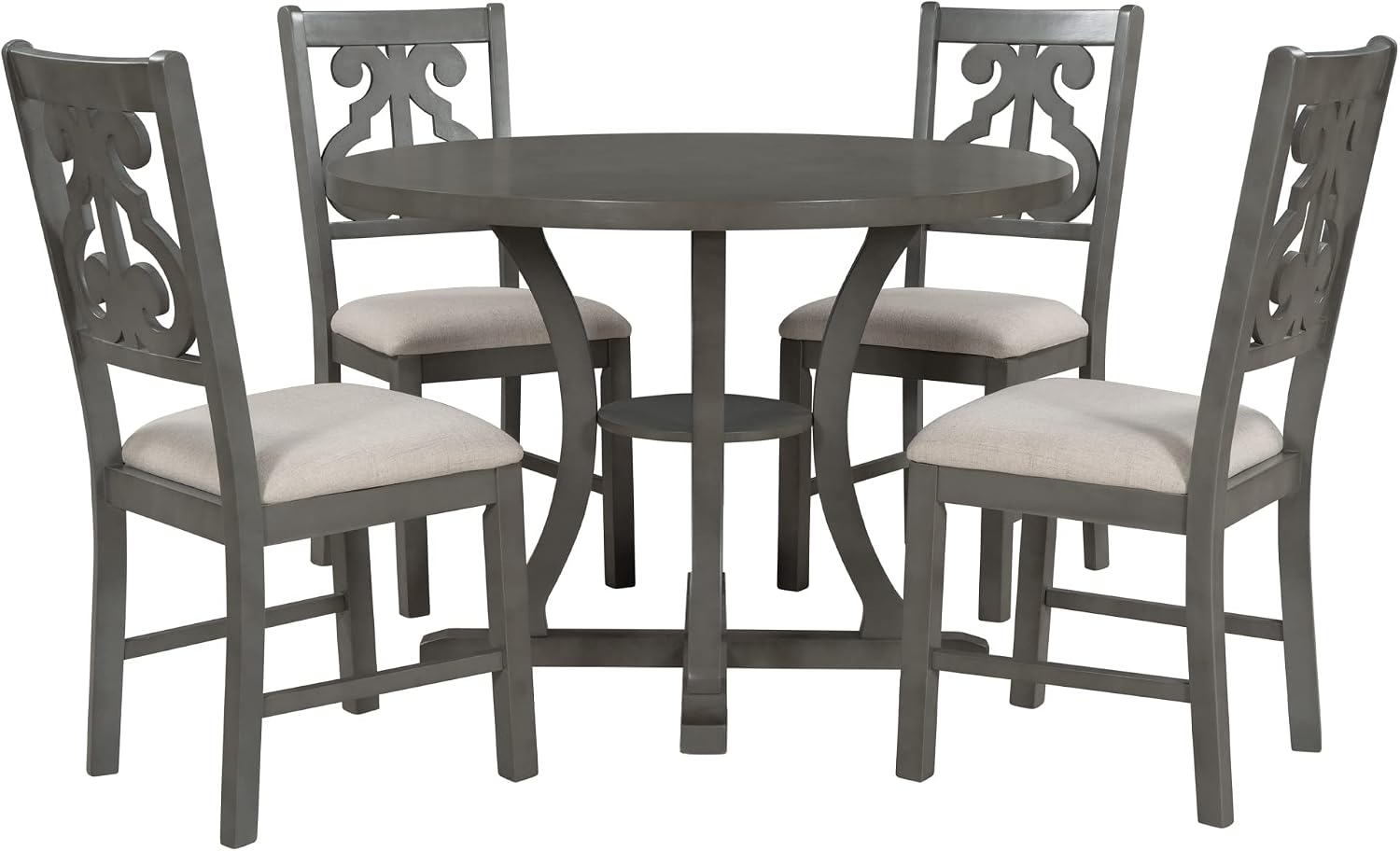 Merax 5 Piece Round Dining Table Set 4 Retro Chairs with Special-Shaped Table Legs, Exquisitely Designed Hollow Chair Back for Dining Room, Grey