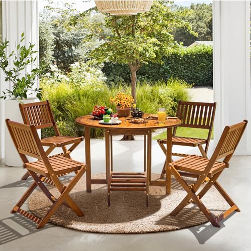 Devoko Acacia Wood Outdoor Patio Folding Table and Chairs Set for 4