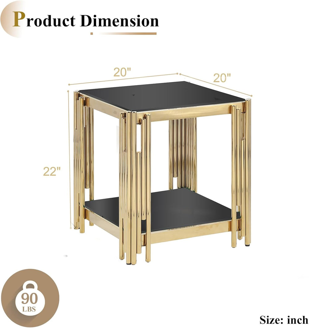 Luxury Gold Glass End Table,Sqaure Sofa Side Table with Shiny Geometric Stain...