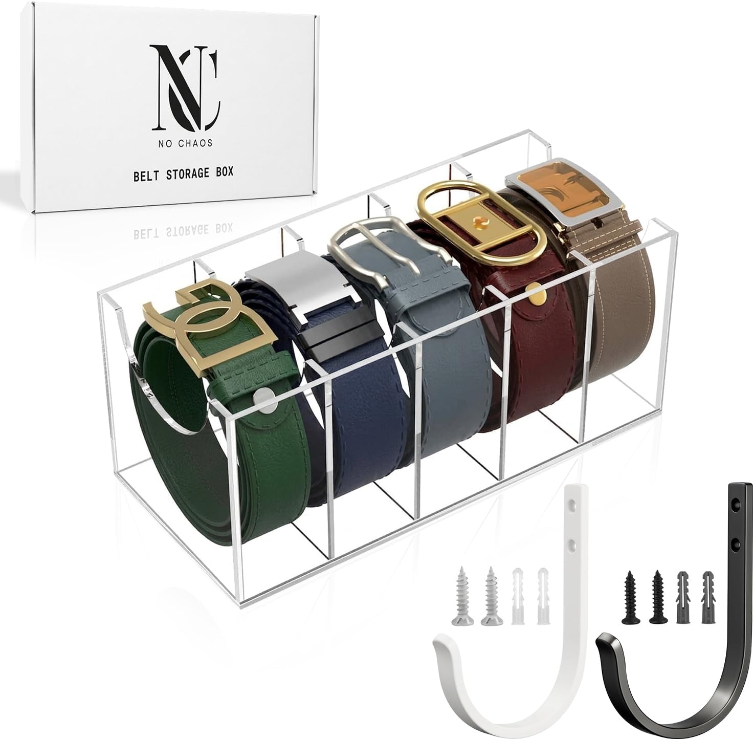 Acrylic Belt Organizer for Closet with Removable Dividers- 2 Wall Hooks for Hanging Towel- 5 Compartments & Handles Drawer Organization and Storage for Purse, Underwear, Socks & Ties (3 Pcs)