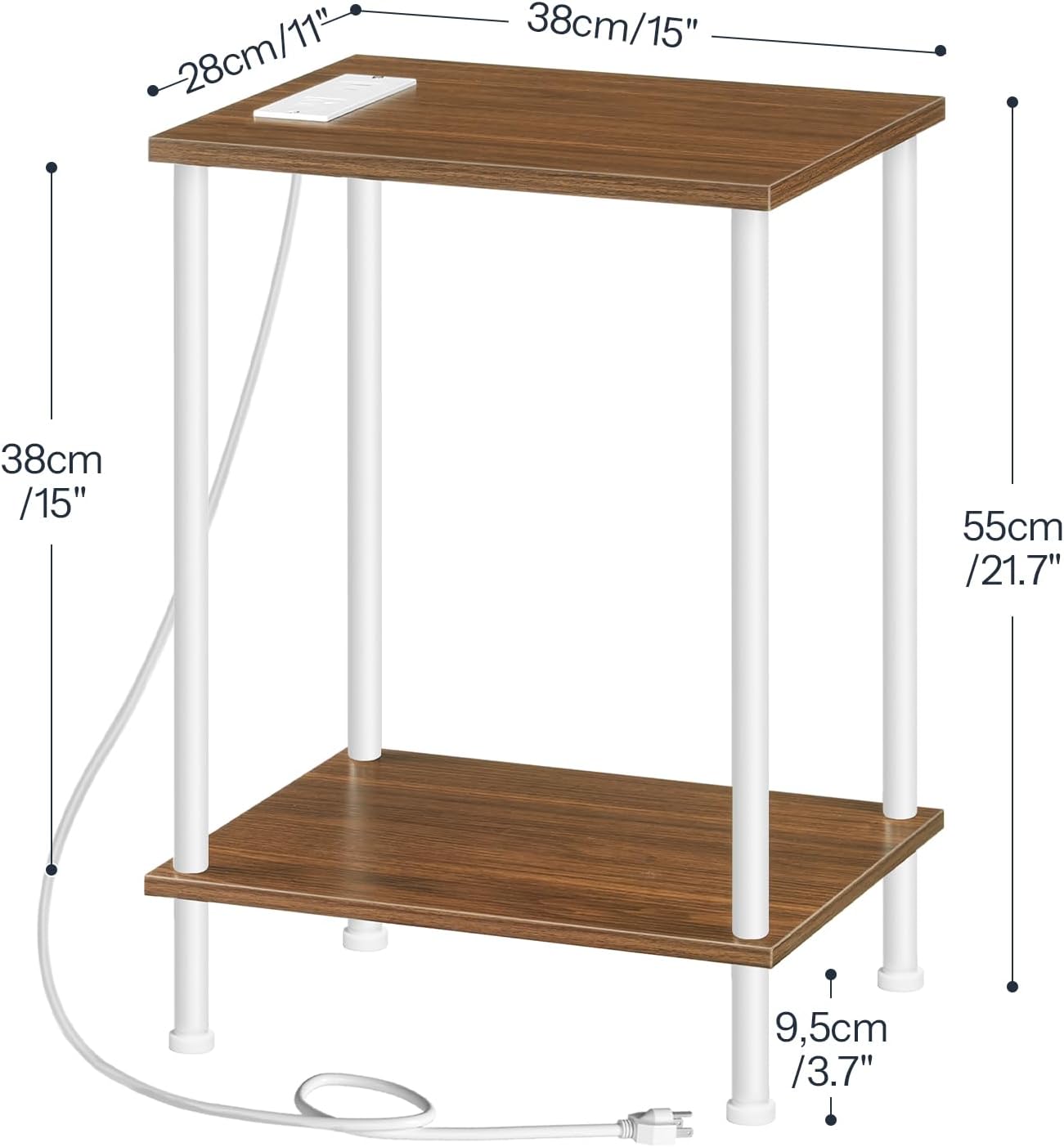 HOOBRO Side Table with Charging Station, End Table with USB Port and Outlets, Nightstand with 2-Layer Storage Shelves for Small Spaces, Living Room, Bedroom, Walnut and White WH09UBZ01