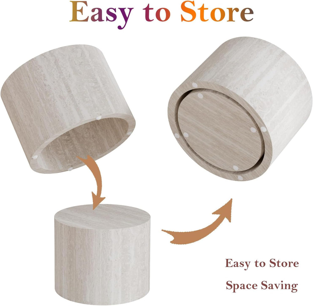 Round Travertine Coffee Table Set of 2 (C 18.1+14.6in) | Modern Stripe Circle...