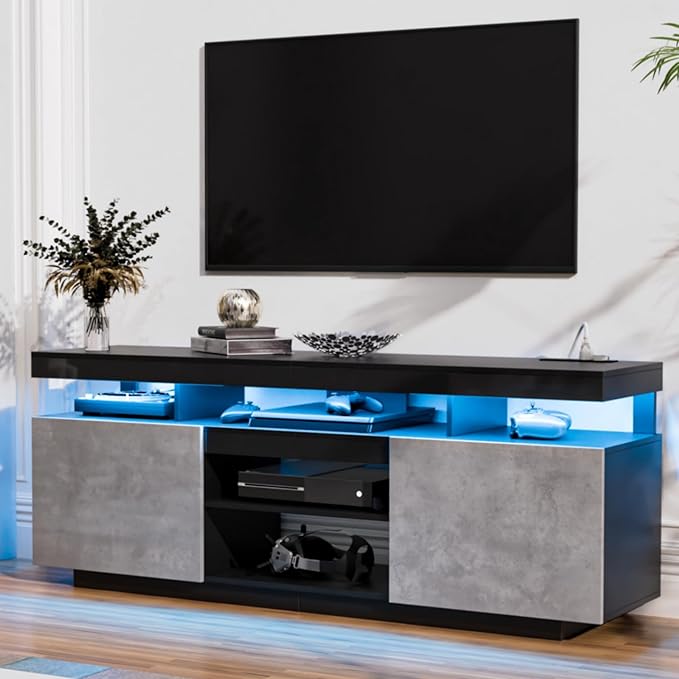 HOMMPA 70 Inch LED TV Stand for 70/65/60/55 inch TV Entertainment Center with Power Outlets, Gaming TV Consoles with Storage Media Cabniet with LED Lights for Living Room Black&Grey, Large