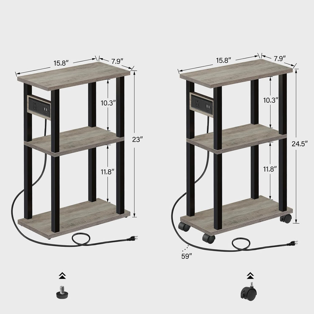 TUTOTAK Small Narrow Side Table with Charging Station, Skinny End Table for Small Spaces, Slim Nightstand with USB Ports and Outlet, Sofa Beside Table with Wheels, Greige TB01BG046