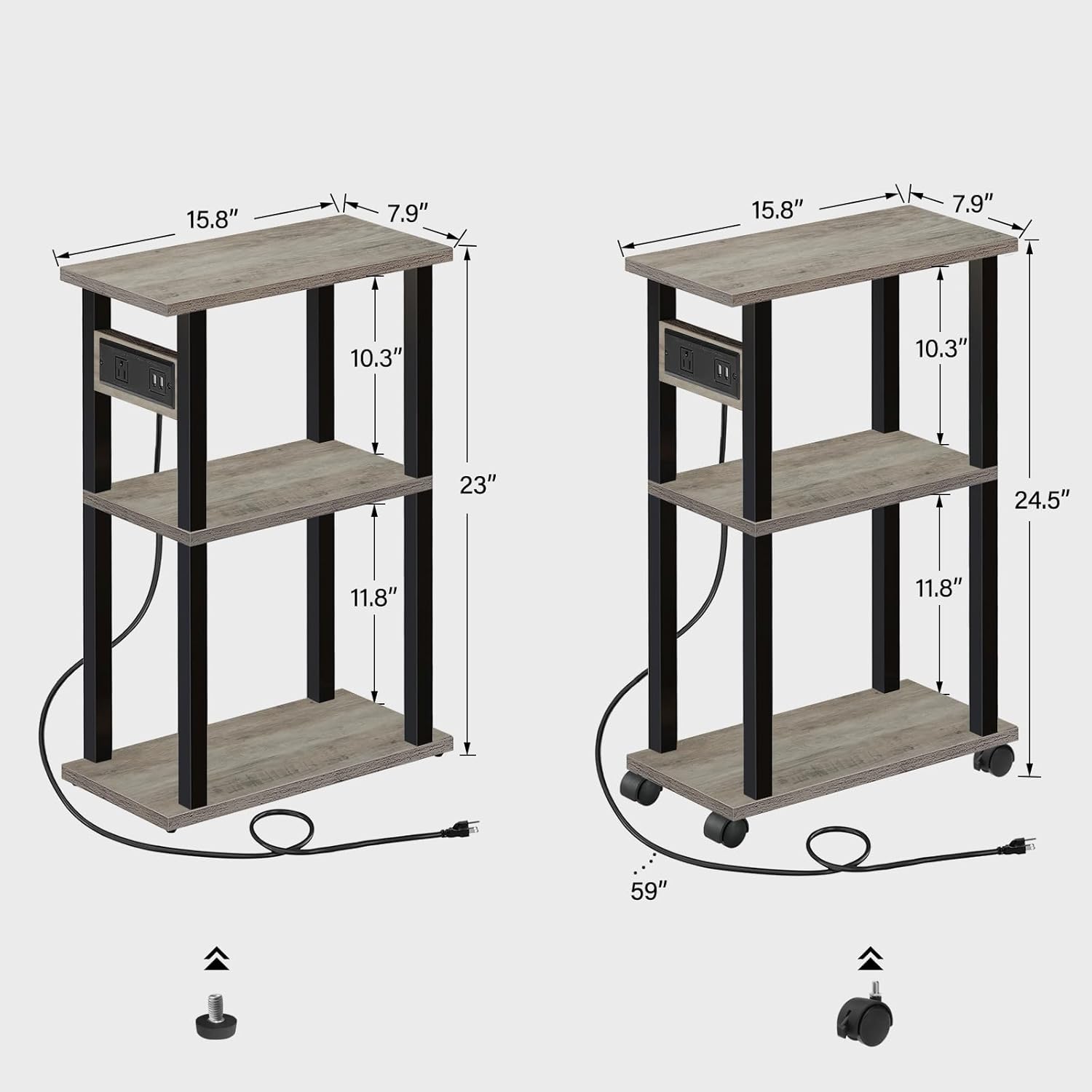 TUTOTAK Small Narrow Side Table with Charging Station, Skinny End Table for Small Spaces, Slim Nightstand with USB Ports and Outlet, Sofa Beside Table with Wheels, Greige TB01BG046