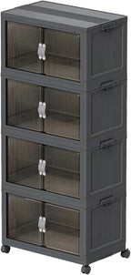 Stackable Storage Bins Wheel, Large Collapsible Closet Organizer with Lid, Foldable Storage Cabinet with Door, Plastic Folding Storage Boxes for Home, Pantry, Office (L, Gray 4-Tier)