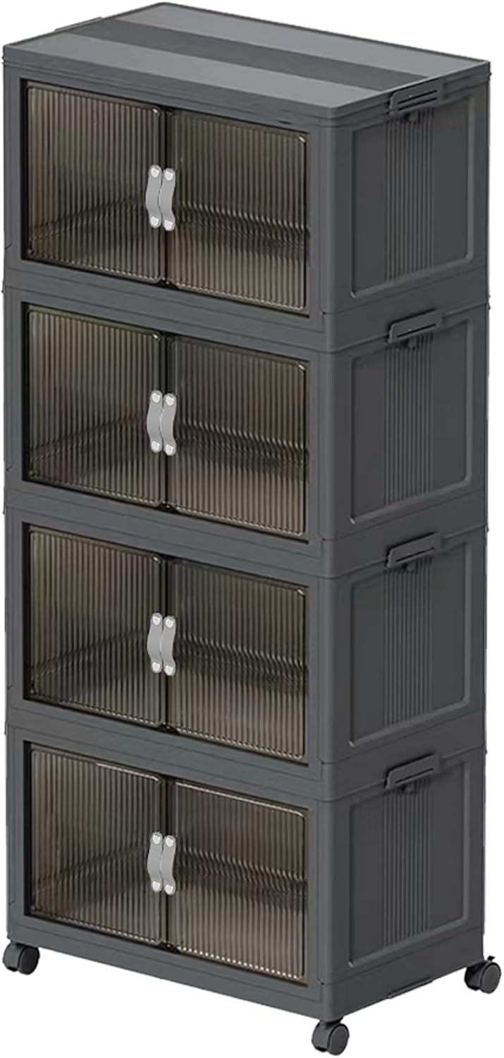 Stackable Storage Bins with Lid & Drawers, Large Foldable Collapsible Storage Containers Bin with Doors & Wheels, Folding Plastic Storage Boxes for Home, Pantry, Office (S, Gray 4-Tier)