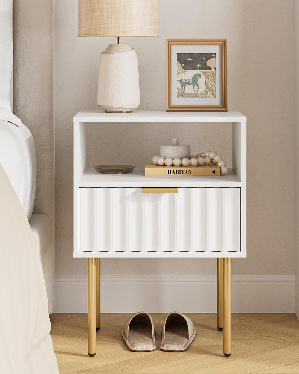 Night Stand,Modern Bedside Table with Drawer and Shelf,White Night Stand with...