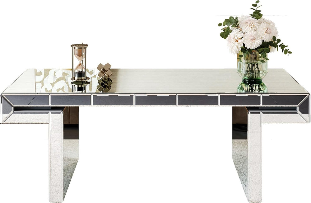 47 Inches Luxury Rectangular Mirror Coffee Table with Tempered Glass, Sofa Si...