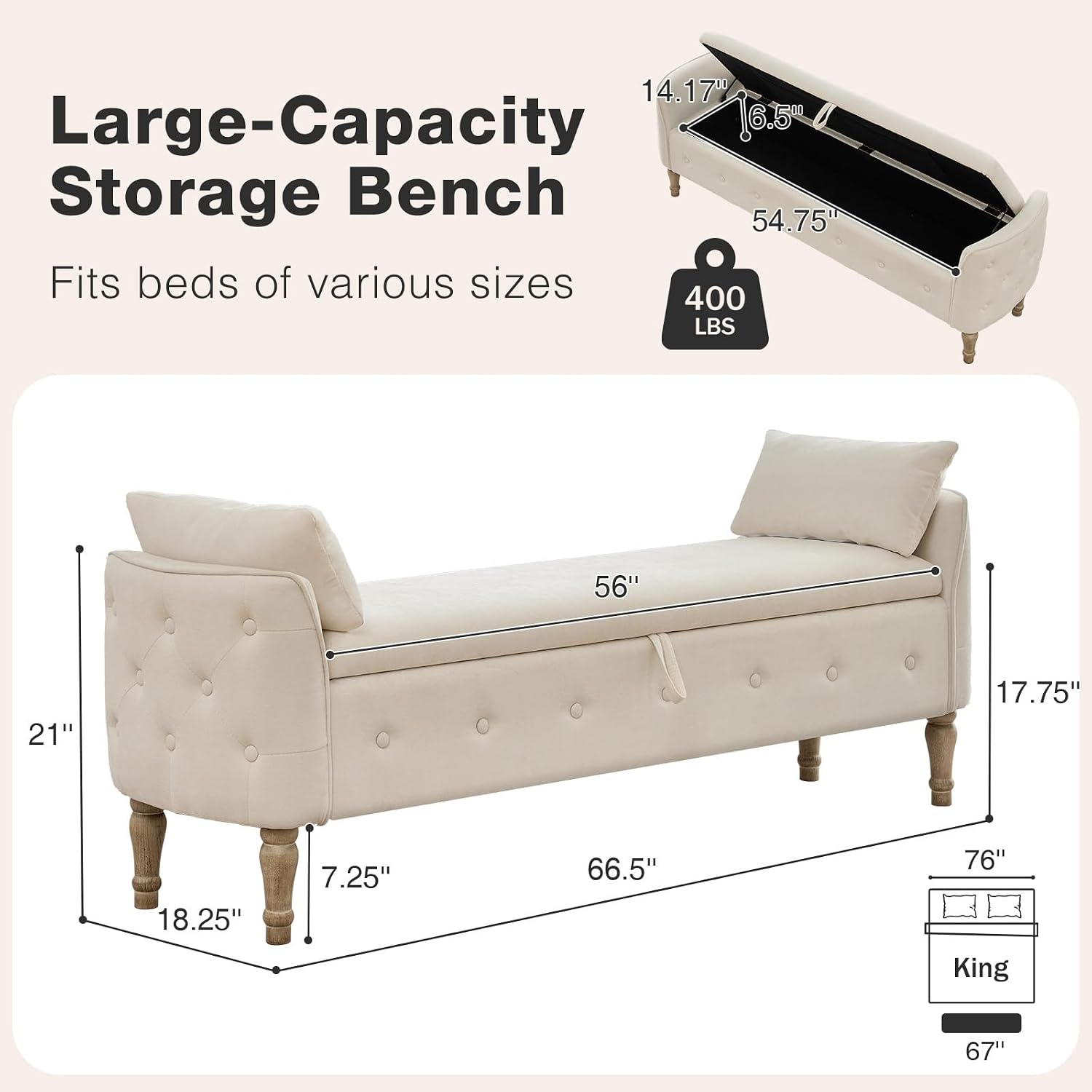 67"End of Bed Storage Bench King Size,Upholstered Bedroom Bench,Beige | Linen Storage Bench for Bedroom End of Bed ,2 Cushion, Vintage Wood Legs ,Tufted,Storage Ottoman Bench for Entryway Window