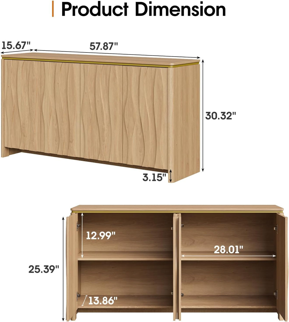 Vabches Fluted Buffet Cabinet with Storage, 3D Ripple Pattern Doors and Curve...