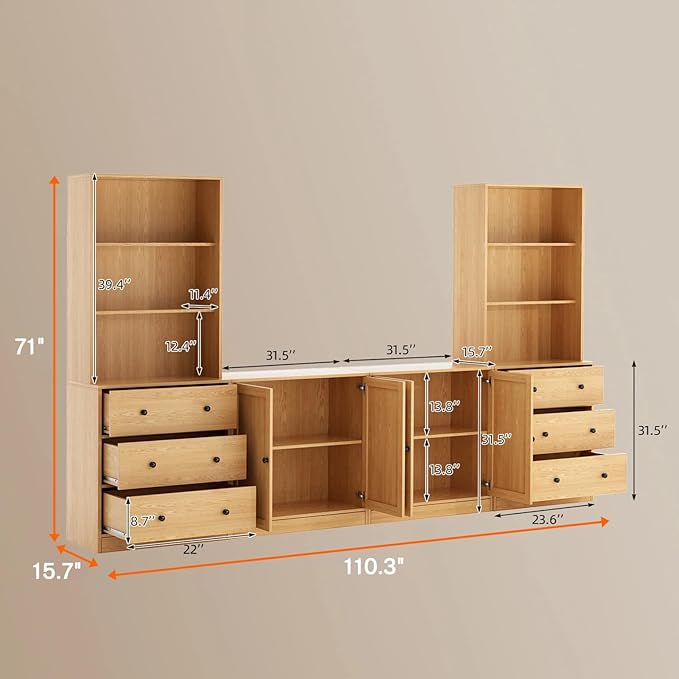 TUSY 71" TV Stand Storage Set - 2 Tall Bookcases & 2 Side Cabinets, Media Console with Glass & Wood Doors, Entertainment Center with Drawers, Tall Media Console for Living Room (Wood, ACCA)