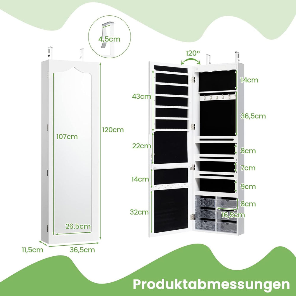 Hanging Jewellery Cabinet, Sail Cabinet with LED Lighting, Mirror and 6 Drawe...