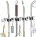IMILLET Broom Holder Wall Mounted, Stainless Steel Broom Mop Holder Self Adhesive Heavy Duty Hooks Storage Organizer for Home Laundry Room Garden Garage Closet Kitchen 1 Pack（4 Racks with 5 Hooks）