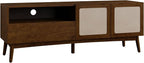 Calista TV Stand 1 Drawer 2 Door – Chestnut Finish Media Console with Open Shelf & Fabric Panel Doors, Mid-Century Modern Style with Tapered Legs, Easy Assembly