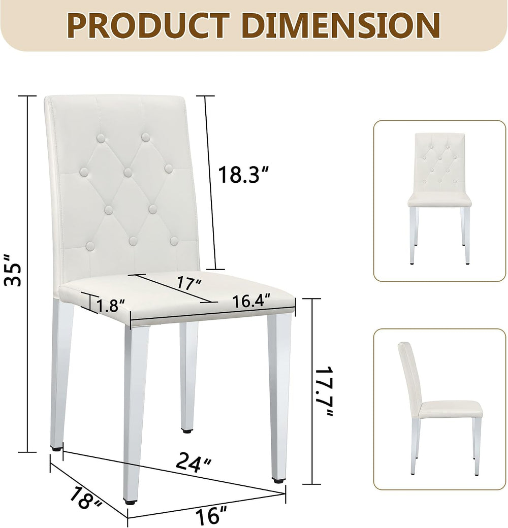 White Dining Chairs Set of 4, Faux Leather, Silver Metal Legs | Button-Tufted...