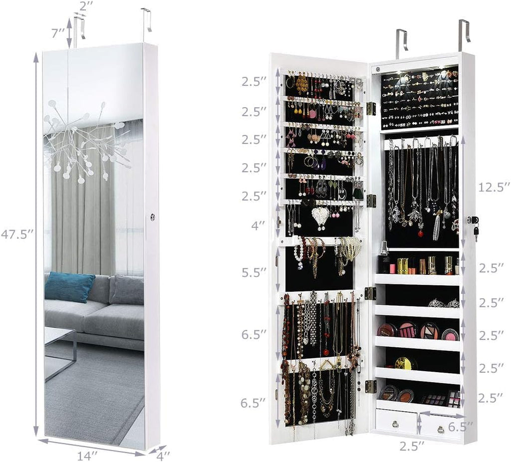 Byroce 47.5''H Jewelry Armoire, Over the Door/Wall Mounted, Full Length Mirror with Jewelry Storage, 2-LED Lockable Jewelry Cabinet with 2 Drawers, Hanging Jewelry Organizer for Bedroom (White)