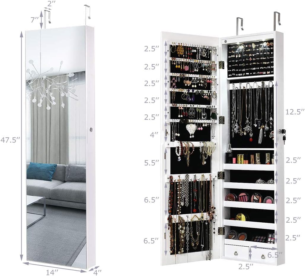Byroce 47.5''H Jewelry Armoire, Over the Door/Wall Mounted, Full Length Mirror with Jewelry Storage, 2-LED Lockable Jewelry Cabinet with 2 Drawers, Hanging Jewelry Organizer for Bedroom (White)