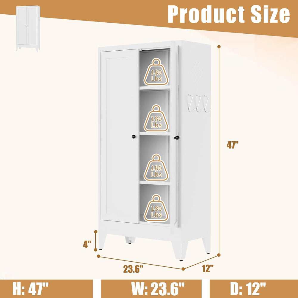 47.3 Inch White Metal Pantry Cabinet Freestanding Storage Organizer with 3 Ad...