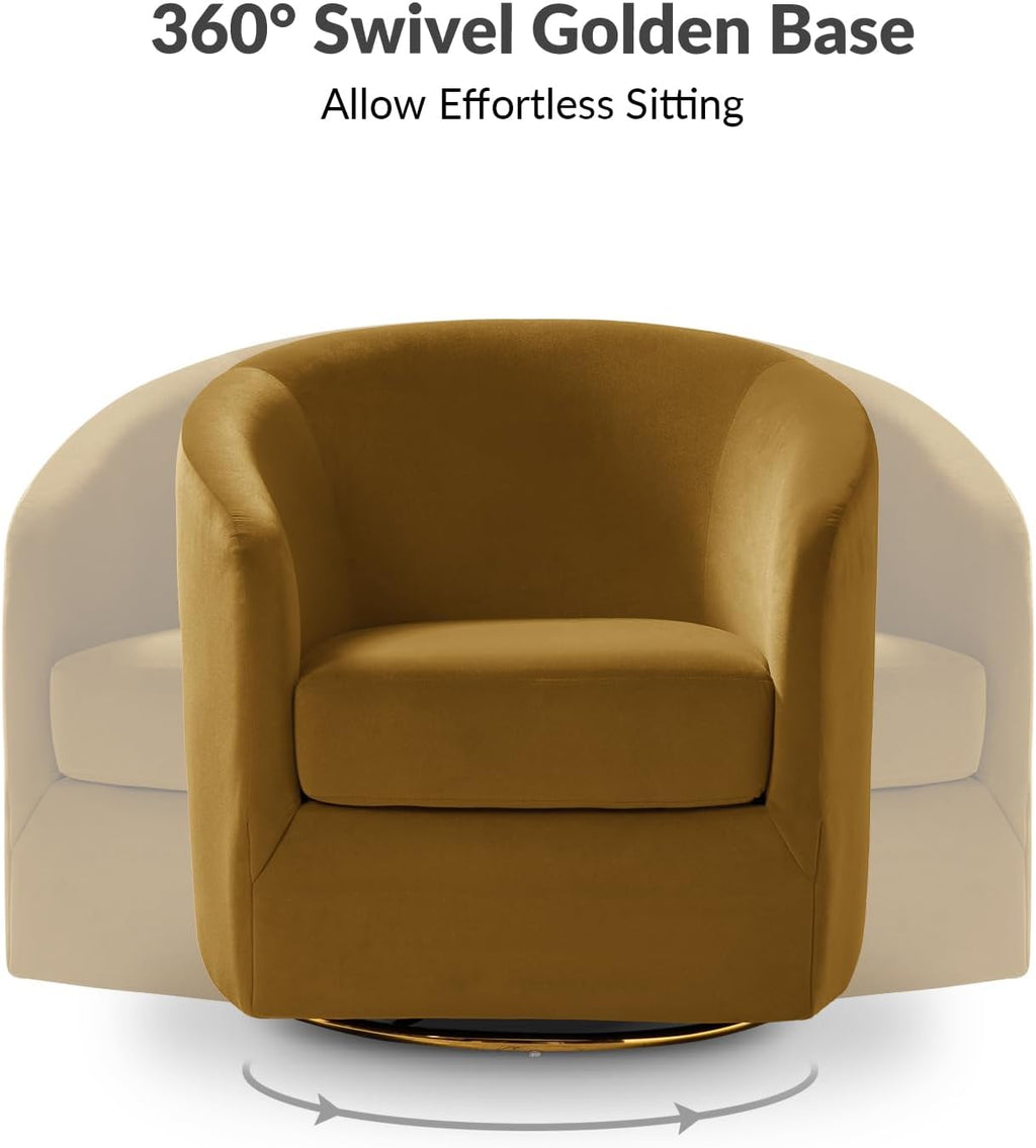 HULALA HOME Swivel Accent Chair with Gold Metal Base, Contemporary Velvet Curved Swivel Barrel Chair, Upholstered Club Armchair, Leisure Single Sofa for Living Room, Nursery, Bedroom(Golden)