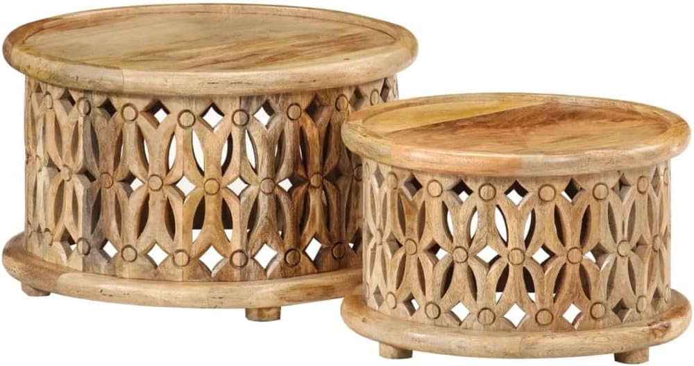 2 Piece Coffee Table Set Solid Mango Wood Round Nesting Side Tables for Livin...