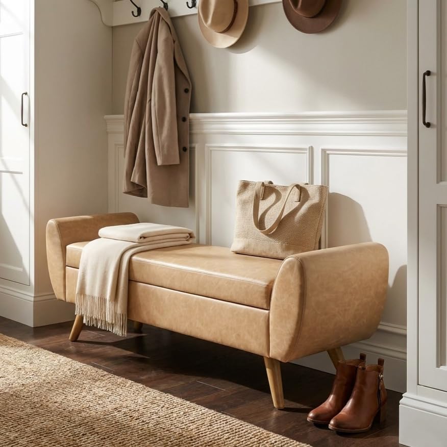 HomePop 60" Modern Storage Bench with Wood Legs - Sand Faux Leather