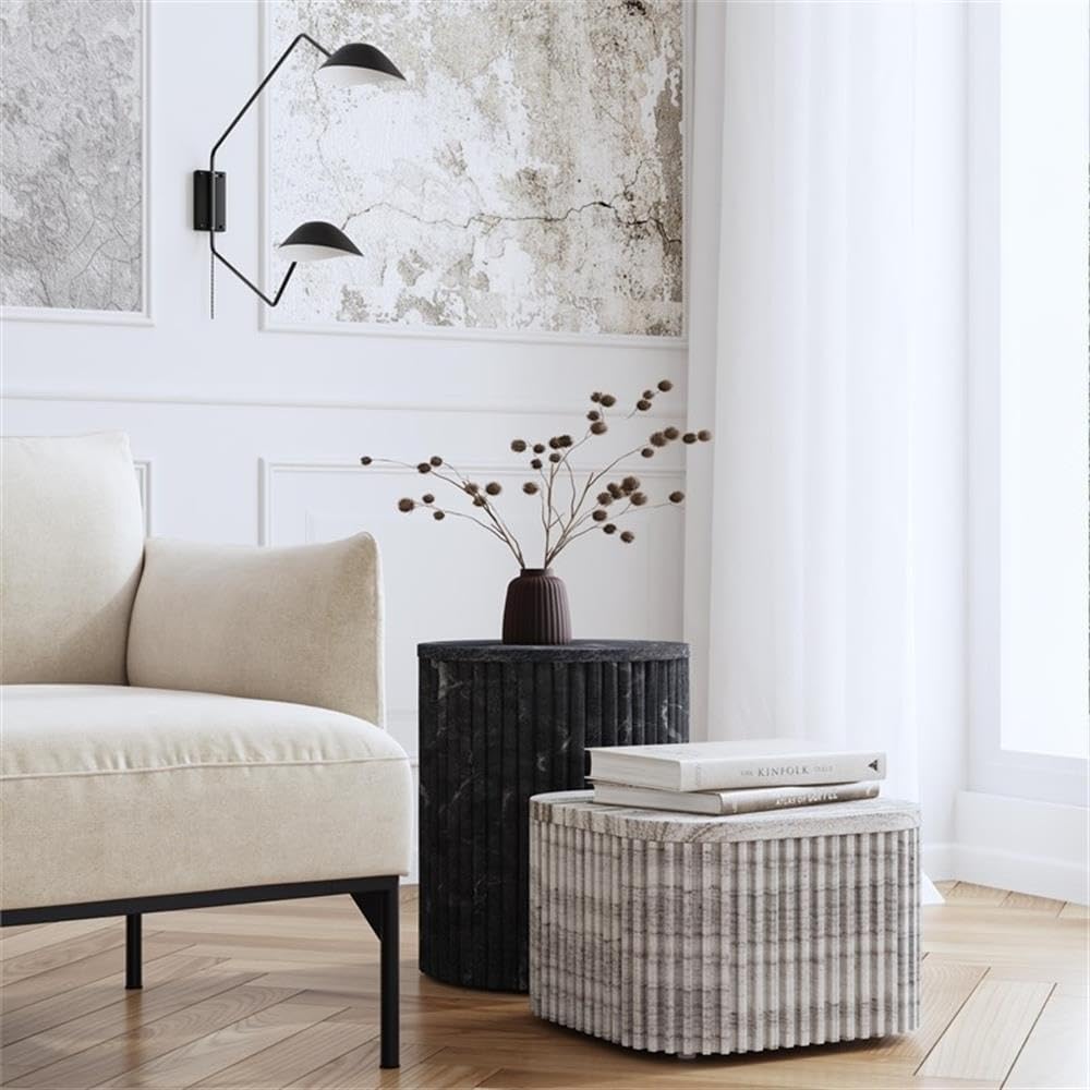 Beaumont Lane Round Marble and Wood Side Table, 15" W x 18" H, Gray...