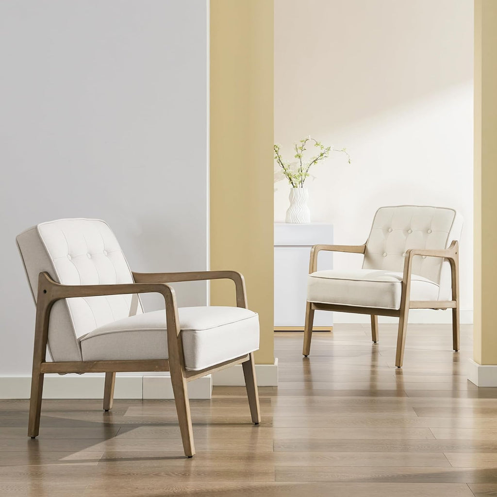 SOFTHION Linen Mid Century Modern Chair with Solid Wood Frame 2-Pack, White | Upholstered Tufted Leisure Chair Reading Side Chair with Armrest, 105°Ergonomic Comfort for Living Room, Bedroom & Balcony
